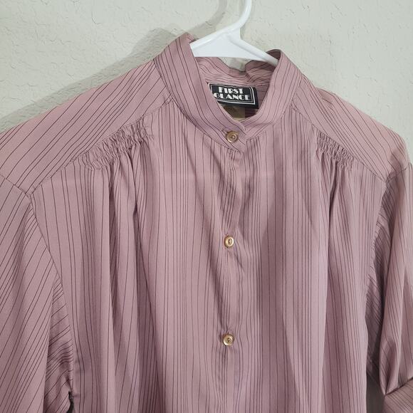 Vintage Blouse First Glance Women Small Pink Pinstripe Roll Up Sleeve 80s Retro - Picture 8 of 11